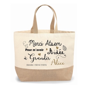 Sac cabas jute personnalisable cadeau Maîtresse, Atsem, Nounou aidé, Cadeau de fin d'année, école, original