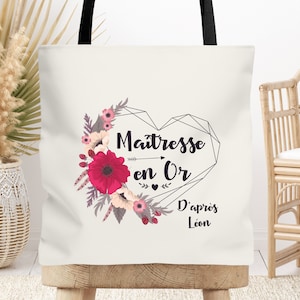 Tote bag cabas Maîtresse, Atsem, Nounou personnalisable fleur coeur, Cadeau de fin d'année, école, original