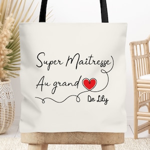 Tote bag cabas Maîtresse, Atsem, Nounou personnalisable Cœur Rouge, Cadeau de fin d'année, école, original