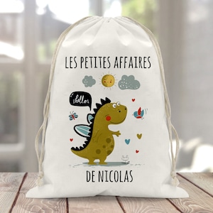 Sac à doudou / pochon / pochette avec lien personnalisé en coton pour enfant 3 tailles Dinosaure Hello
