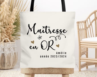 Tote bag cabas Maîtresse, Atsem, Nounou personnalisable en Or, Cadeau de fin d'année, école, original