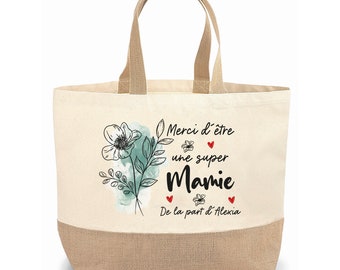 Sac cabas jute personnalisable cadeau pour maman, mamie, marraine, nounou fleur turquoise