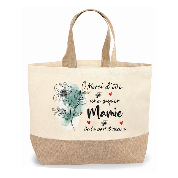 Sac cabas jute personnalisable cadeau pour maman, mamie, marraine, nounou fleur turquoise