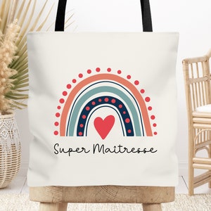 Tote bag cabas Maîtresse, Atsem, Nounou personnalisable Arc en Ciel