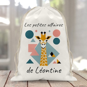 Sac à doudou / pochon / pochette avec lien personnalisé en coton pour enfant 3 tailles Girafe géométrie