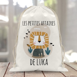 Sac à doudou / pochon / école, crèche, nounou pochette vêtements avec lien personnalisé en coton pour enfant 3 tailles Lion