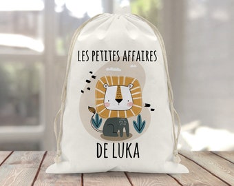 Sac à doudou / pochon / école, crèche, nounou pochette vêtements avec lien personnalisé en coton pour enfant 3 tailles Lion