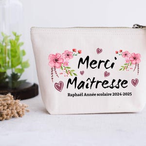 Trousse coton naturel personnalisable cadeau Maîtresse, Atsem, Nounou Fleur bordeaux