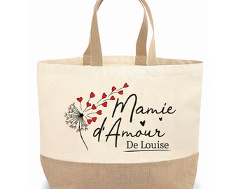 Sac cabas jute personnalisable cadeau pour maman, mamie, marraine, copine cœur souffle