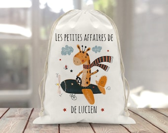 Sac à doudou / pochon / pochette avec lien personnalisé en coton pour enfant 3 tailles Girafe Avion