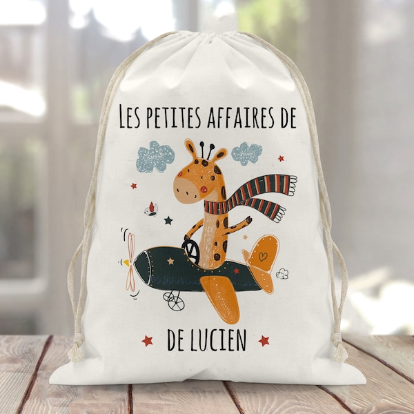 Sac à doudou / pochon / pochette avec lien personnalisé en coton pour enfant 3 tailles Girafe Avion