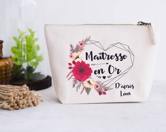 Trousse coton naturel personnalisable cadeau Maîtresse, Atsem, Nounou Coeur fleur