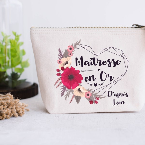 Trousse coton naturel personnalisable cadeau Maîtresse, Atsem, Nounou Coeur fleur