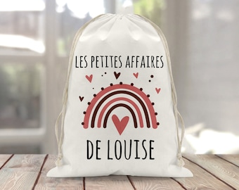 Sac à doudou / pochon / pochette avec lien personnalisé en coton pour enfant 3 tailles Arc en ciel rose