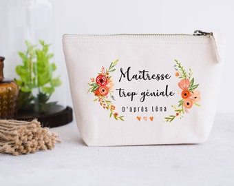 Trousse coton naturel personnalisable cadeau Maîtresse, Atsem, Nounou Fleur orange