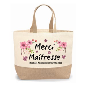 Sac cabas jute personnalisable cadeau Maîtresse, Atsem, Nounou  fleur pink, Cadeau de fin d'année, école, original