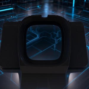 May include: A matte black, rectangular electronic housing component featuring a central, rounded square aperture. The frame has a smooth, solid finish with a distinct notch at the top centre, designed for technical integration or display mounting.
