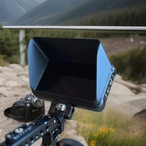 May include: A black camera viewfinder hood attached to a metal rig, with a camera and bag in the background. The hood is square and angled, designed to block light. The background features a scenic view of mountains and trees.