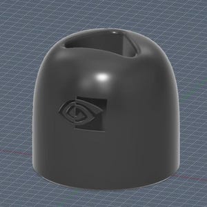 Puede incluir: Un objeto negro y redondeado con una parte superior curvada y un recorte. El objeto presenta un logotipo en la parte delantera. El fondo es un patrón de cuadrícula.