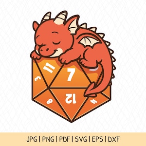Op de afbeelding: Een rode cartoon-draak slaapt op een grote oranje twintigzijdige dobbelsteen. De dobbelsteen heeft de nummers 3, 7, 8, 12 en 11 op zijn zijden.