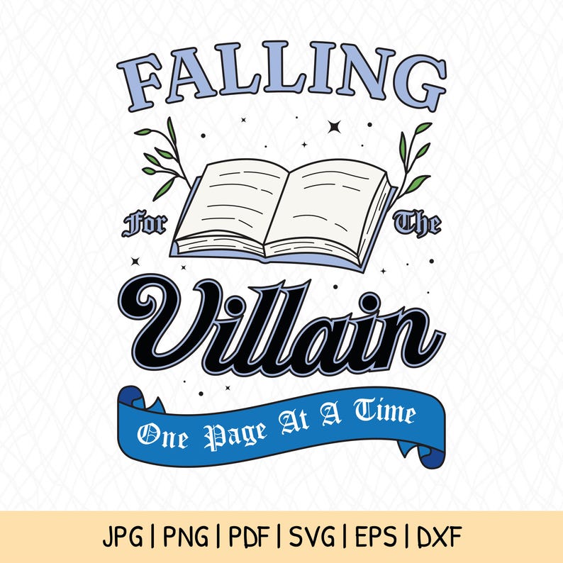 May include: A blue and white graphic design with the text "FALLING for The VILLAIN One Page At A Time". The design features an open book with green leaves on either side.