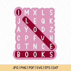 Op de afbeelding: Een roze en rode woordzoekerpuzzel met het woord "LOVE" dat diagonaal over het raster is verborgen. De letters in het raster zijn "IMXLSJLEQKAYODZCPFVHGTNCEBOOKS".