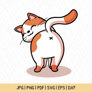 May include: A cartoon illustration of a white cat with orange patches, looking over its shoulder with a smile. The cat has a white tail with an orange tip.