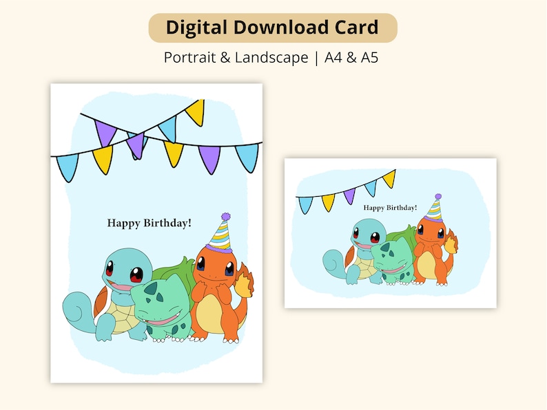 Printable Pokémon Happy Birthday Kanto Starters Birthday Greeting Card ...
