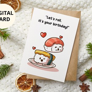 Carte de vœux Sushi Birthday imprimable pour téléchargement numérique « Let's Roll, c'est ton anniversaire ! -Paysage & Portrait