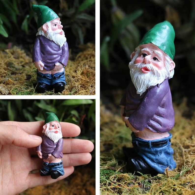 可能包含：一个紫色和绿色相间的小型花园小矮人摆件，长着白色胡须。小矮人穿着蓝色牛仔裤，脸上带着一丝顽皮的表情。