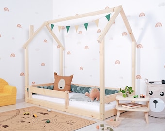 Ourbaby Children's Montessori Bed House with Chimney - Natural, Bed with Rails