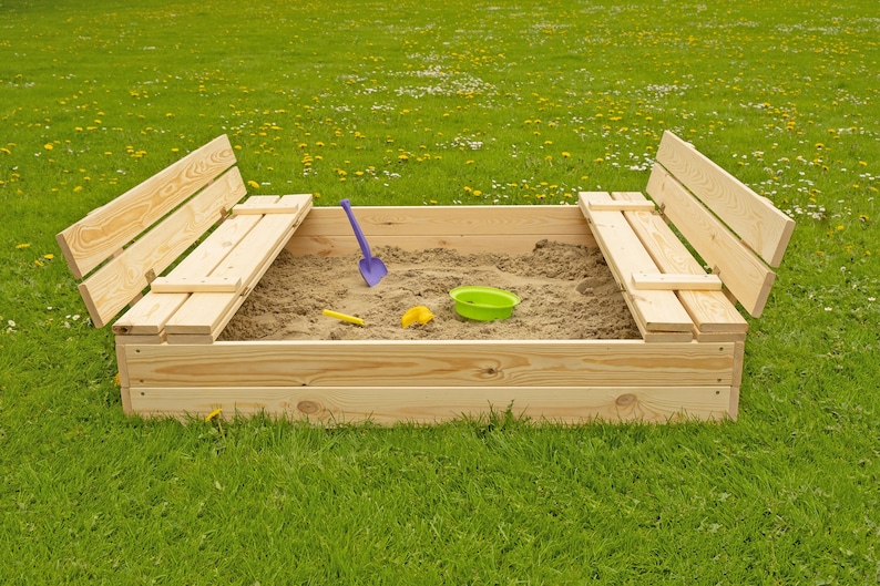 Ourbaby sandpit 120 x 120 cm sandbox, childs sandbox, wood sandbox, sand box with seats image 1