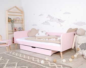 Ourbaby Nell 2-in-1 – Pastellrosa, höhenverstellbar, Montessori-Bett, Kinderbett