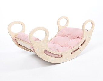 Ourbaby Montessori à bascule Woody + Meadow Pearl Pink - Ensemble complet, jouet à bascule, jouet d'escalade, balançoire multifonctionnelle, arche d'escalade