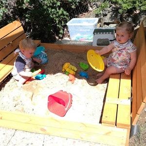 Ourbaby Wooden Sandpitimpregnated, sandpit 140 x 140 cm, sandbox, wooden sandbox, sandbox with seats, with cover image 3