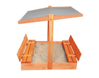 Bac à sable verrouillable Ourbaby avec bancs et toit 120 x 120 cm,