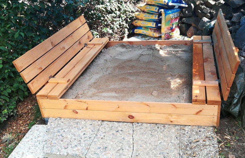 Ourbaby Wooden Sandpitimpregnated, sandpit 140 x 140 cm, sandbox, wooden sandbox, sandbox with seats, with cover image 2