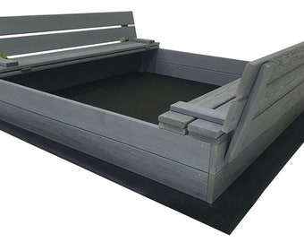 Ourbaby Grey Sandkasten aus Holz, Sandkasten 120 x 120 cm, Sandkasten, Sandkasten aus Holz, Sandkasten mit Sitzen, mit Abdeckung