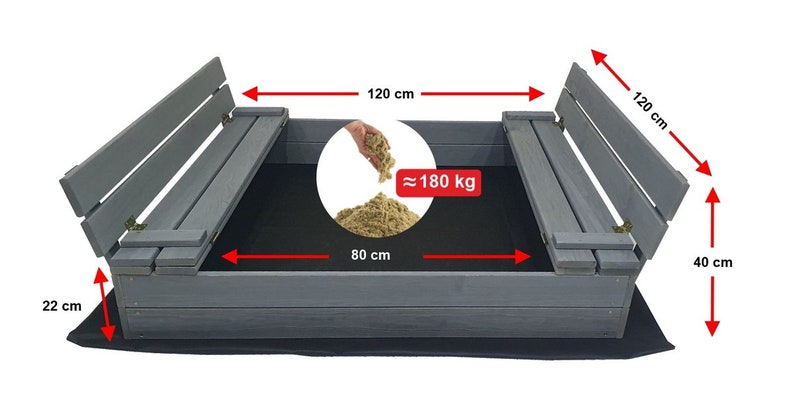 Ourbaby Gray Wooden Sandpit, sandbox 120 x 120 cm, sandbox, wooden sandbox, sand box with seats, with cover zdjęcie 3