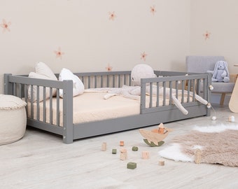 Ourbaby Montessori vloerbed voor kinderen grijs - bed met rails, bed 160 x 70 cm, bed 140 x 70 cm