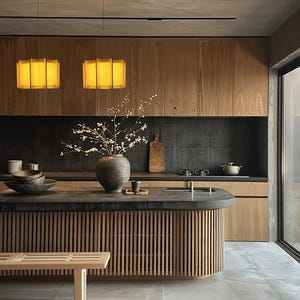May include: A modern kitchen with wooden cabinetry and a central island. The island features a slatted wood design and a dark countertop. Two pendant lights hang above, and a bench sits in front of the island. A large vase holds branches.