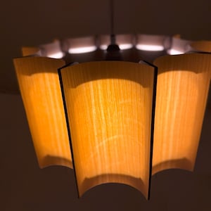 May include: A mid-century modern pendant light fixture with a warm, inviting glow. The light has a wooden shade with a curved design and a dark trim. The light is suspended from the ceiling by a thin wire.