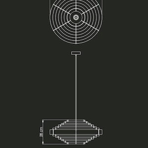 May include: Line drawing of a modern chandelier design. The chandelier is suspended from a single wire and features a layered, geometric shade, 28 cm in height and 60 cm in diameter. The design includes the text "LOREA 60 / Chandelier".
