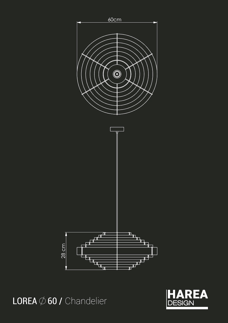 May include: Line drawing of a modern chandelier design. The chandelier is suspended from a single wire and features a layered, geometric shade, 28 cm in height and 60 cm in diameter. The design includes the text "LOREA 60 / Chandelier".