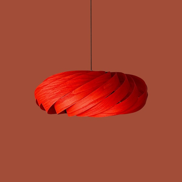 Veneer Pendant Light, Handmade Lamp, Ceiling lamp, Home Decor, Red Chandelier, Industrial Lamp, Wood Lampshade