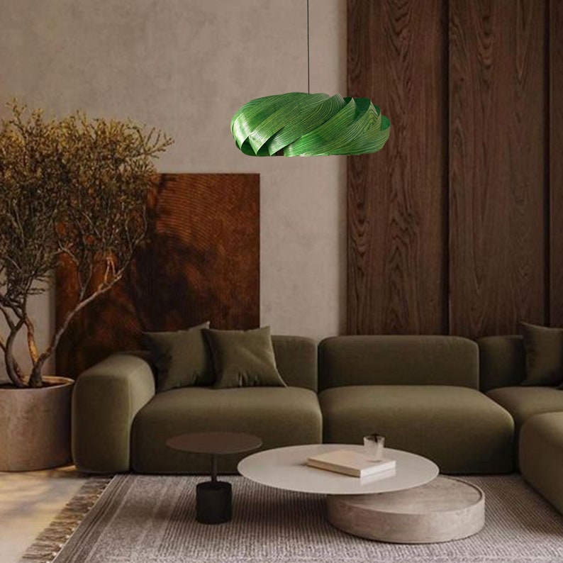 Veneer Pendant Light, Handmade Lamp, Ceiling lamp, Home Decor, Green Chandelier, Industrial Lamp, Wood Lampshade image 7