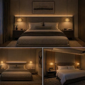 Puede incluir: Un dormitorio con una cama grande, mesitas de noche e iluminaci&oacute;n decorativa. La cama tiene una colcha y almohadas de color neutro. Dos l&aacute;mparas colgantes cuelgan sobre las mesitas de noche. La habitaci&oacute;n tiene un ambiente c&aacute;lido.