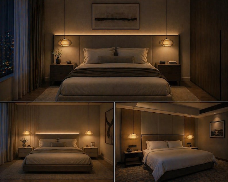 Puede incluir: Un dormitorio con una cama grande, mesitas de noche e iluminaci&oacute;n decorativa. La cama tiene una colcha y almohadas de color neutro. Dos l&aacute;mparas colgantes cuelgan sobre las mesitas de noche. La habitaci&oacute;n tiene un ambiente c&aacute;lido.