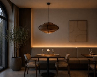 Modern Pendant Light | Round Wooden Pendant Light | Mid Century Modern Chandelier | Japandi Ceiling Light | Dining Room Lighting
