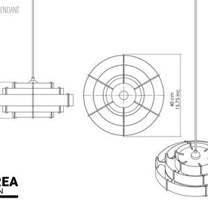 Puede incluir: Dibujo lineal de la l&aacute;mpara colgante LOREA D1. El dise&ntilde;o es circular con anillos en capas, y las dimensiones son: 17,5 cm de alto y 40 cm de di&aacute;metro. La marca HAREA DESIGN tambi&eacute;n es visible.